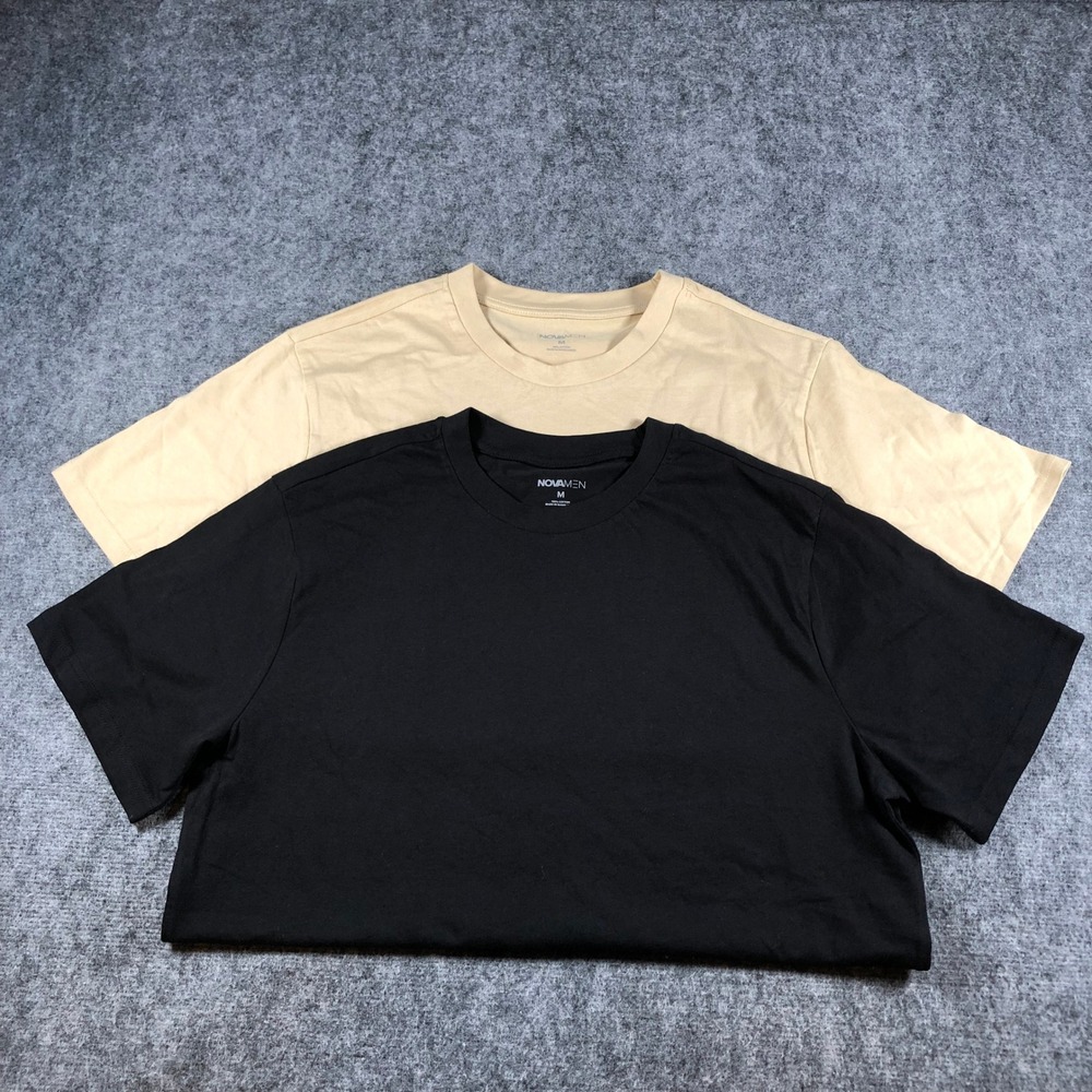 NovaMen T Shirt Lot Mens M Black Beige Cotton‎ Casual Basic Solid Short Sleeve
